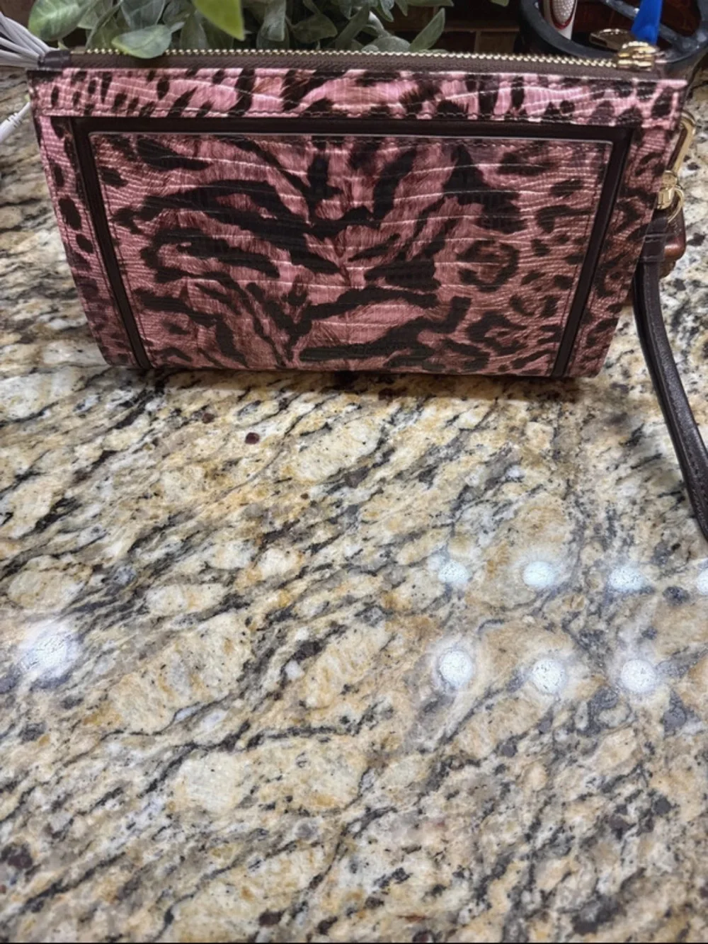 Brahmin Pink and Brown Animal Print Wristlet Clutch